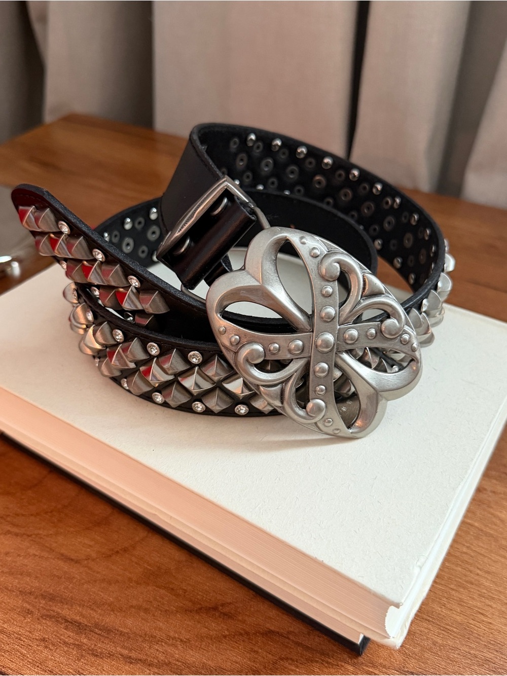 Studded Black Leather Belt with Ornate Silver Buckle